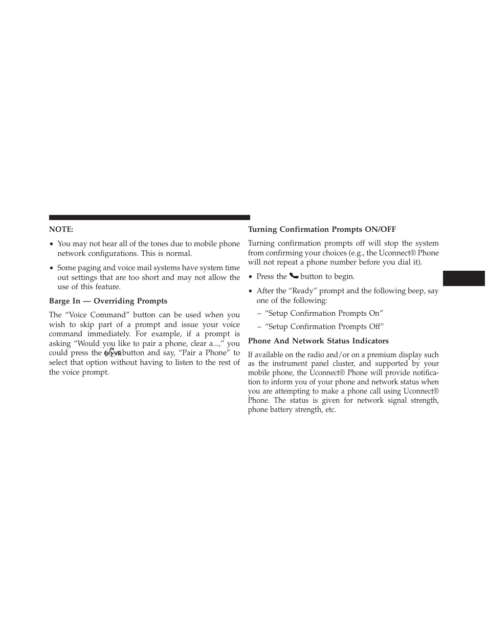 Barge in — overriding prompts, Turning confirmation prompts on/off, Phone and network status indicators | Dodge 2013 Durango User Manual | Page 153 / 697