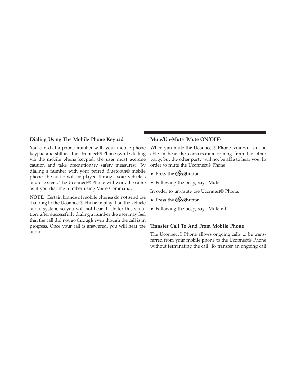 Dialing using the mobile phone keypad, Mute/un-mute (mute on/off), Advanced phone connectivity | Transfer call to and from mobile phone | Dodge 2013 Durango User Manual | Page 154 / 697