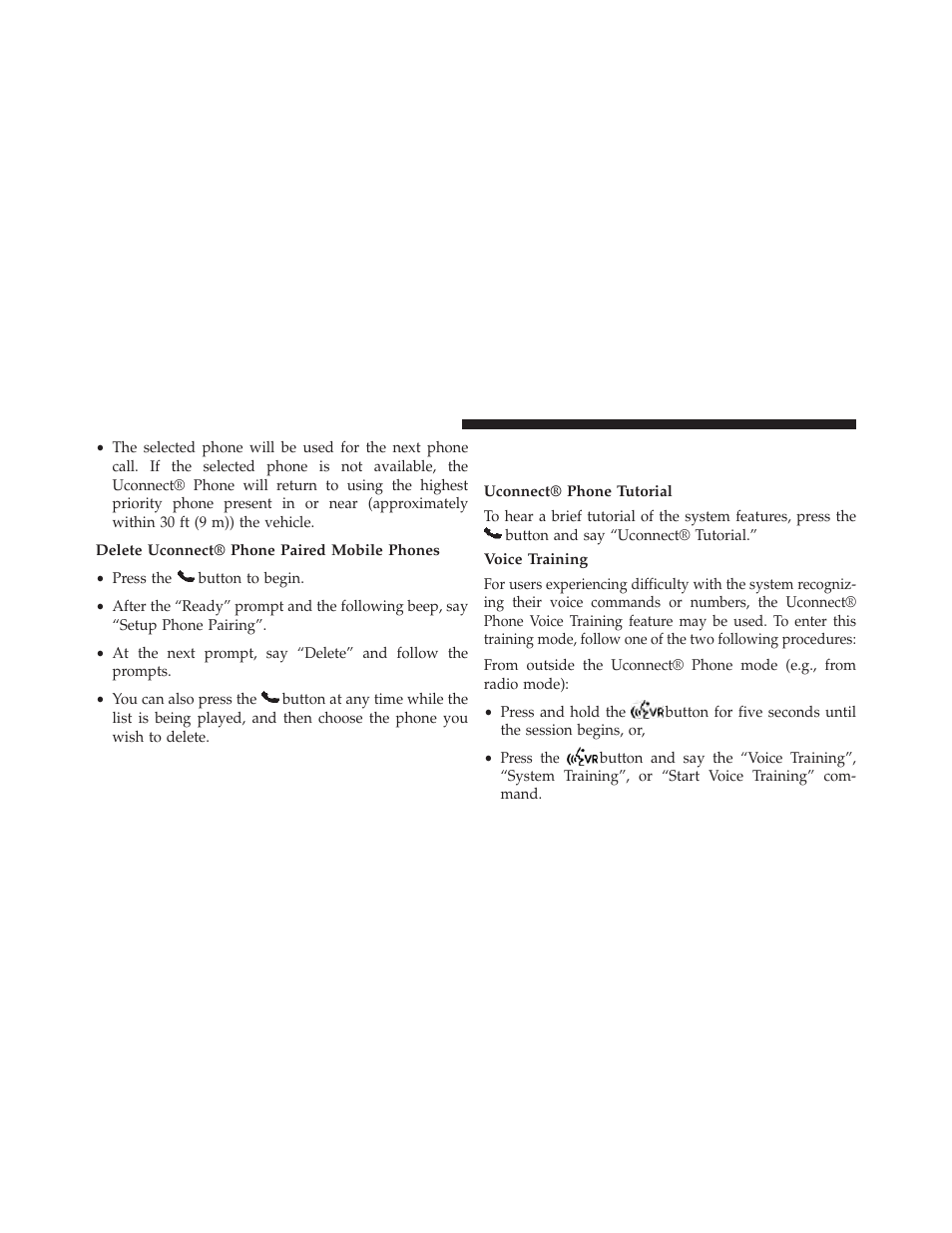 Delete uconnect® phone paired mobile phones, Things you should know about your uconnect® phone, Uconnect® phone tutorial | Voice training, Things you should know about your, Uconnect® phone | Dodge 2013 Durango User Manual | Page 156 / 697