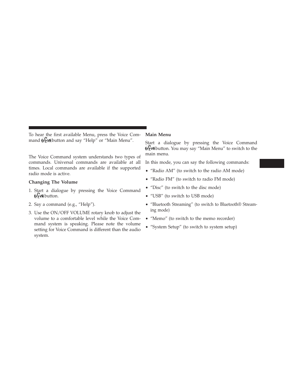 Commands, Changing the volume, Main menu | Dodge 2013 Durango User Manual | Page 169 / 697