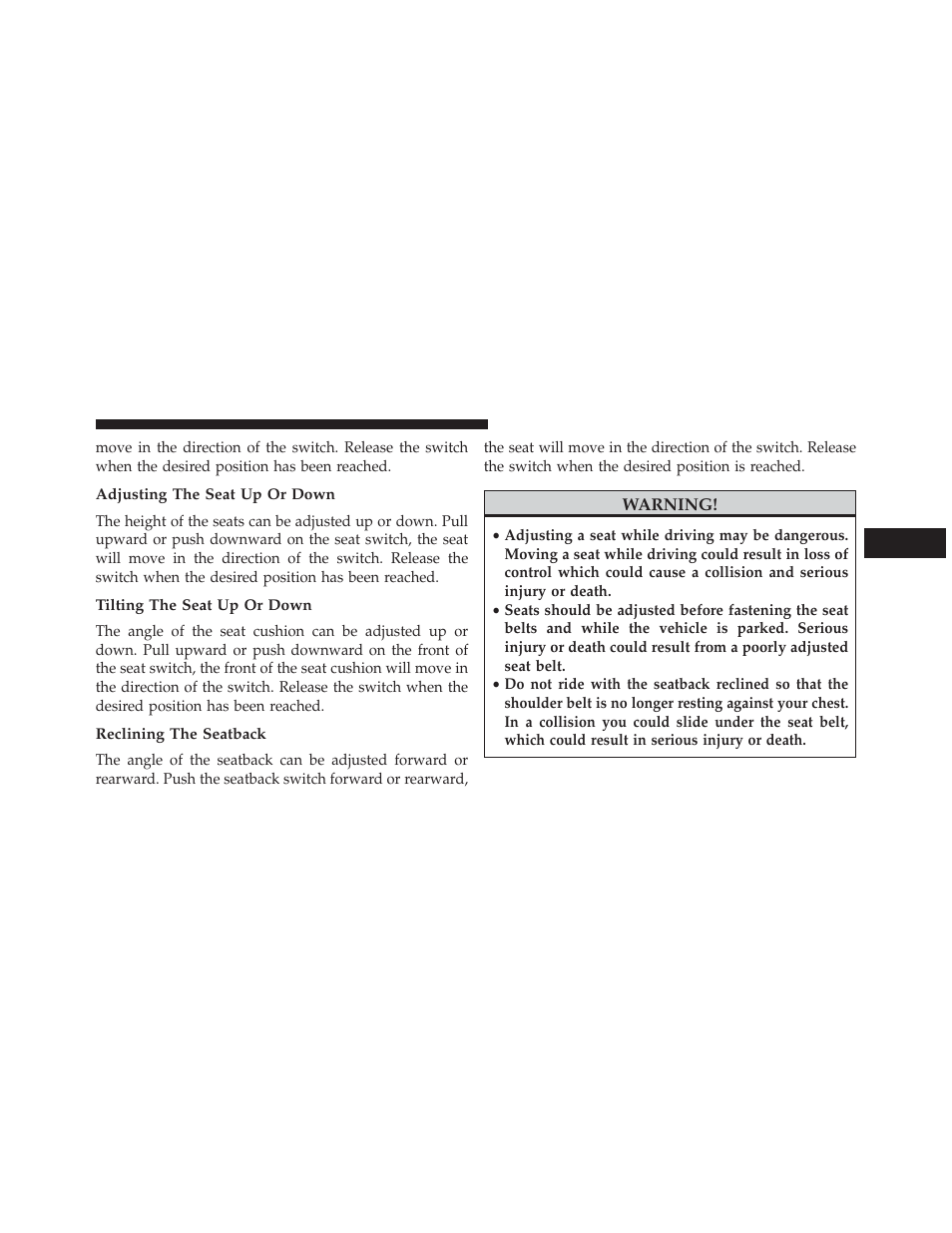 Adjusting the seat up or down, Tilting the seat up or down, Reclining the seatback | Dodge 2013 Durango User Manual | Page 175 / 697