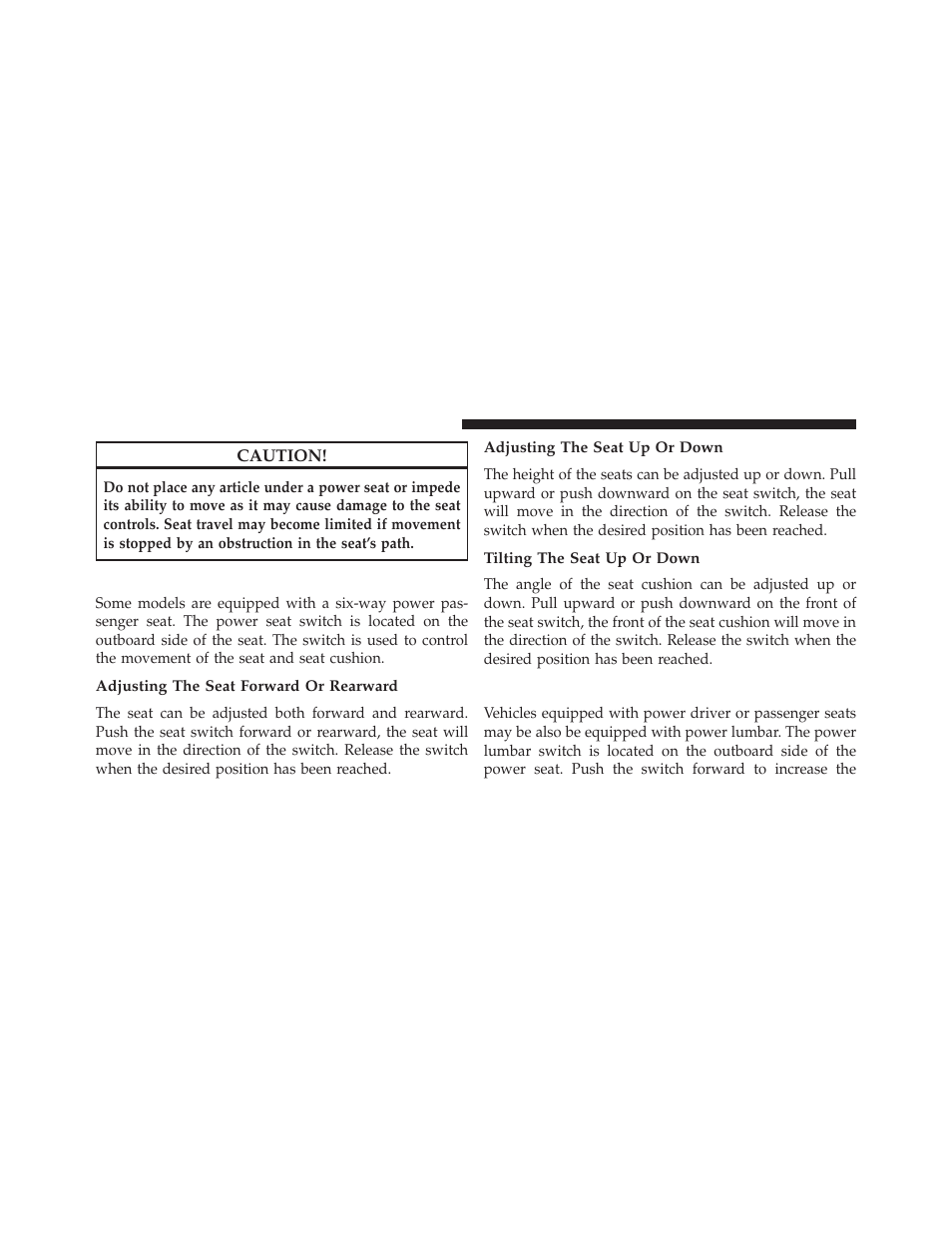 Passenger's power seat — if equipped, Adjusting the seat forward or rearward, Adjusting the seat up or down | Tilting the seat up or down, Power lumbar — if equipped, Passenger’s power seat — if equipped | Dodge 2013 Durango User Manual | Page 176 / 697