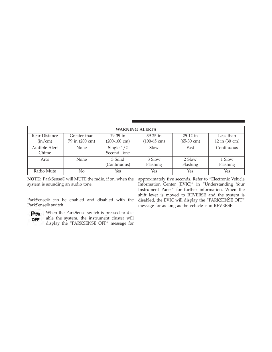 Enabling and disabling parksense | Dodge 2013 Durango User Manual | Page 256 / 697