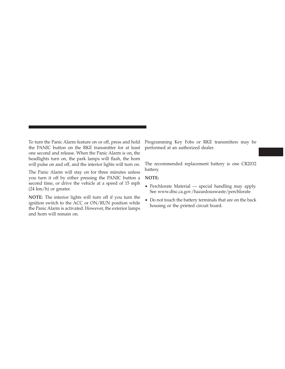 Using the panic alarm, Programming additional transmitters, Transmitter battery replacement | Dodge 2013 Durango User Manual | Page 29 / 697