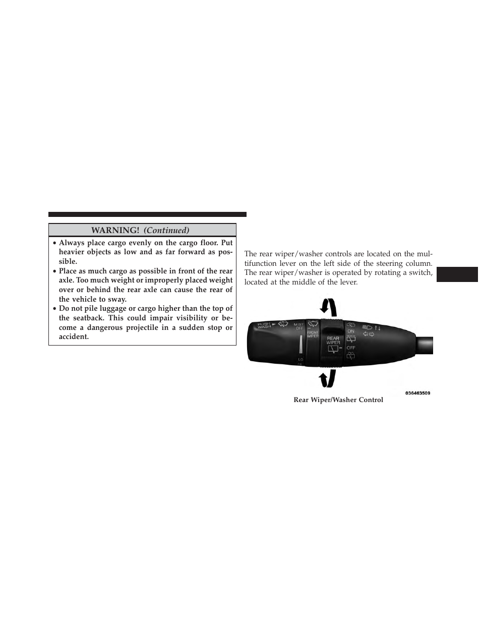 Rear window features, Rear window wiper/washer | Dodge 2013 Durango User Manual | Page 297 / 697