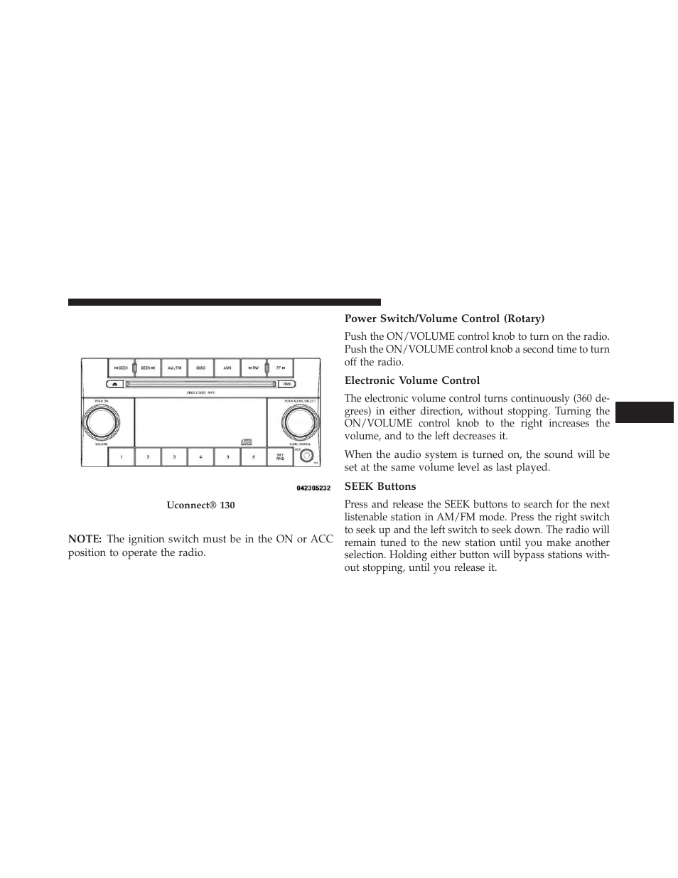 Uconnect® 130, Operating instructions — radio mode, Power switch/volume control (rotary) | Electronic volume control, Seek buttons | Dodge 2013 Durango User Manual | Page 357 / 697