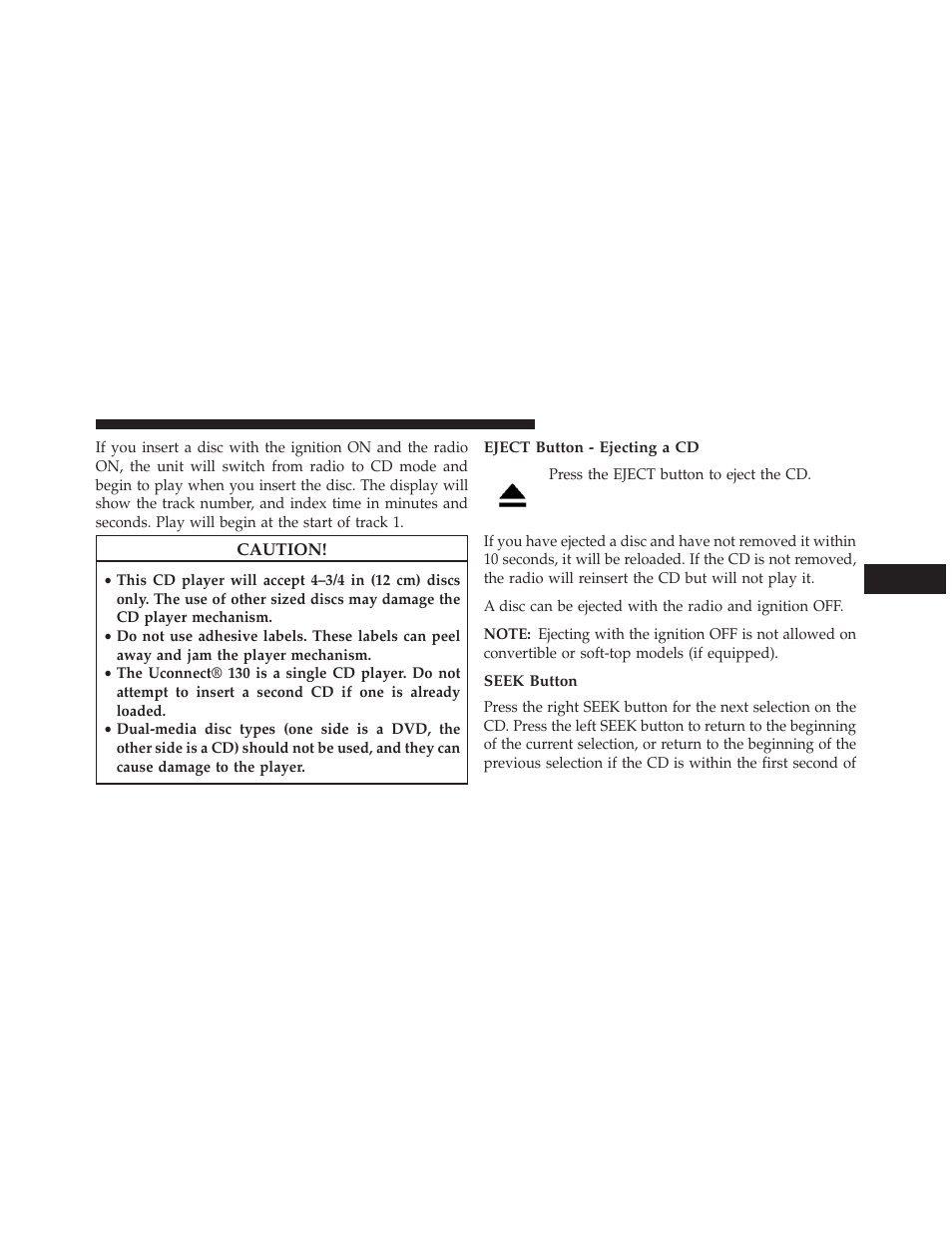 Eject button - ejecting a cd, Seek button | Dodge 2013 Durango User Manual | Page 361 / 697