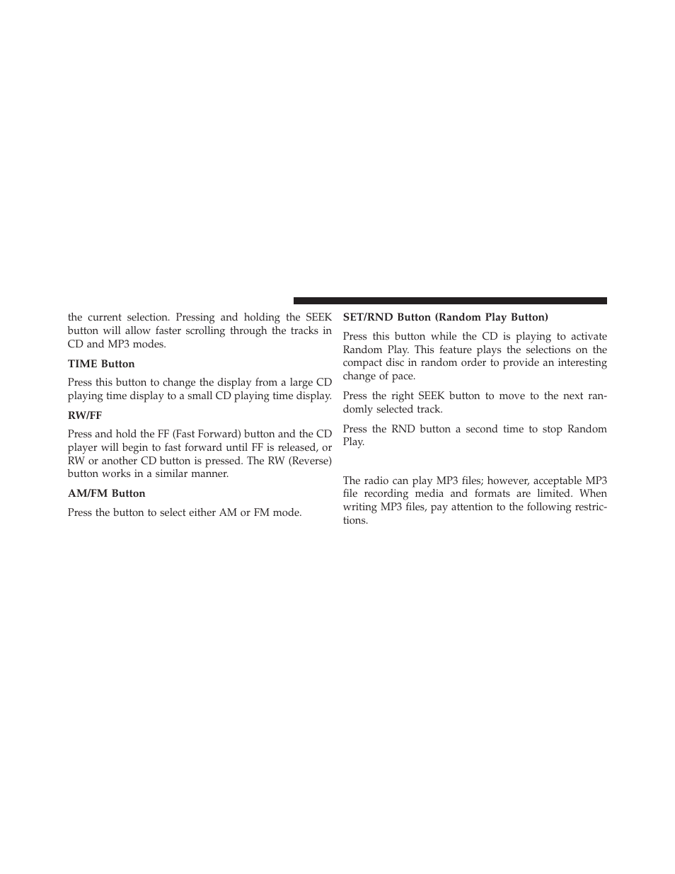 Time button, Rw/ff, Am/fm button | Set/rnd button (random play button), Notes on playing mp3 files | Dodge 2013 Durango User Manual | Page 362 / 697
