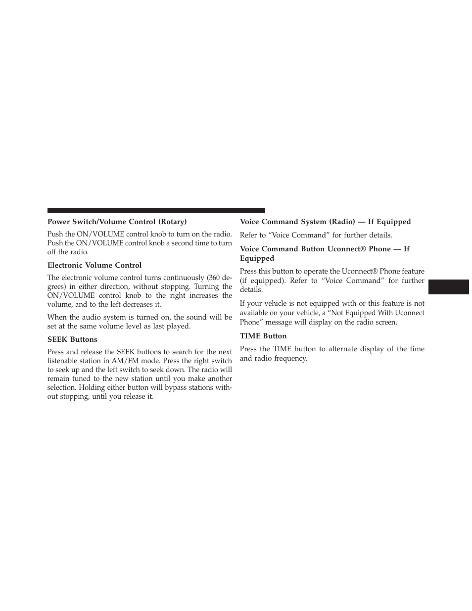 Power switch/volume control (rotary), Electronic volume control, Seek buttons | Voice command system (radio) — if equipped, Voice command button uconnect® phone — if equipped, Time button | Dodge 2013 Durango User Manual | Page 367 / 697