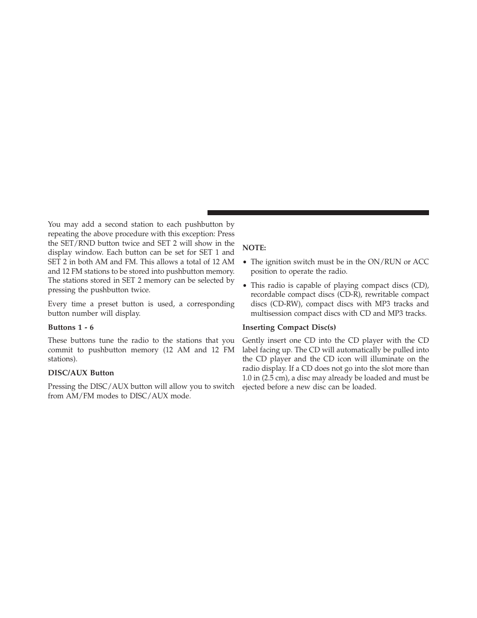 Buttons 1 - 6, Disc/aux button, Inserting compact disc(s) | Operation instructions — cd mode for, Cd and mp3 audio play | Dodge 2013 Durango User Manual | Page 372 / 697