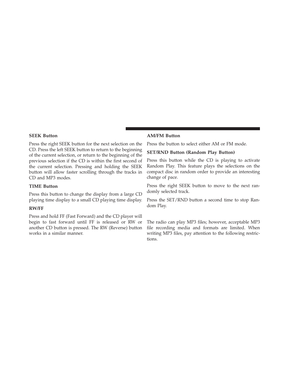 Seek button, Time button, Rw/ff | Am/fm button, Set/rnd button (random play button), Notes on playing mp3 files | Dodge 2013 Durango User Manual | Page 374 / 697