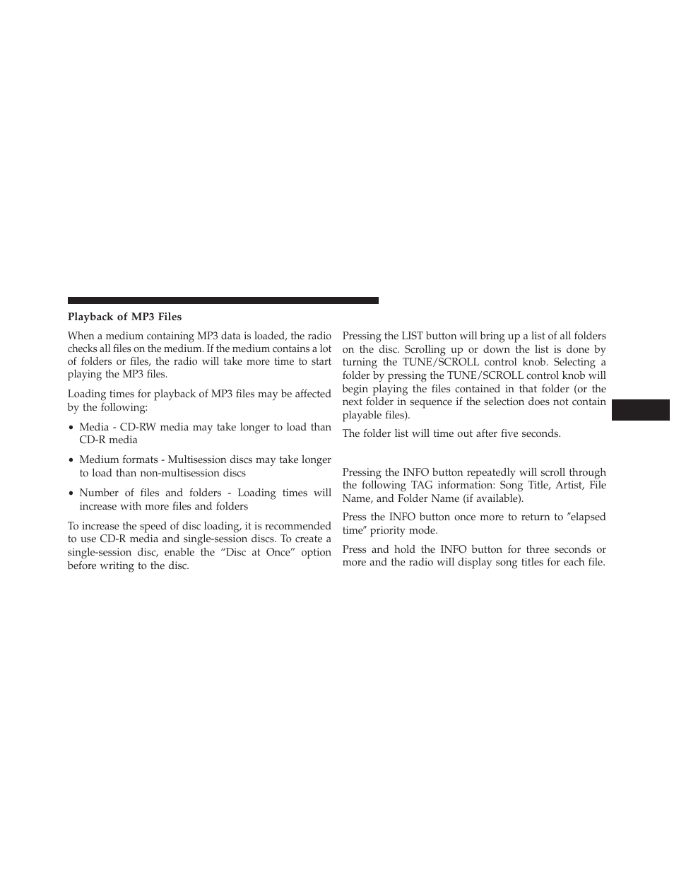 Playback of mp3 files, List button (cd mode for mp3 play), Info button (cd mode for mp3 play) | Dodge 2013 Durango User Manual | Page 377 / 697