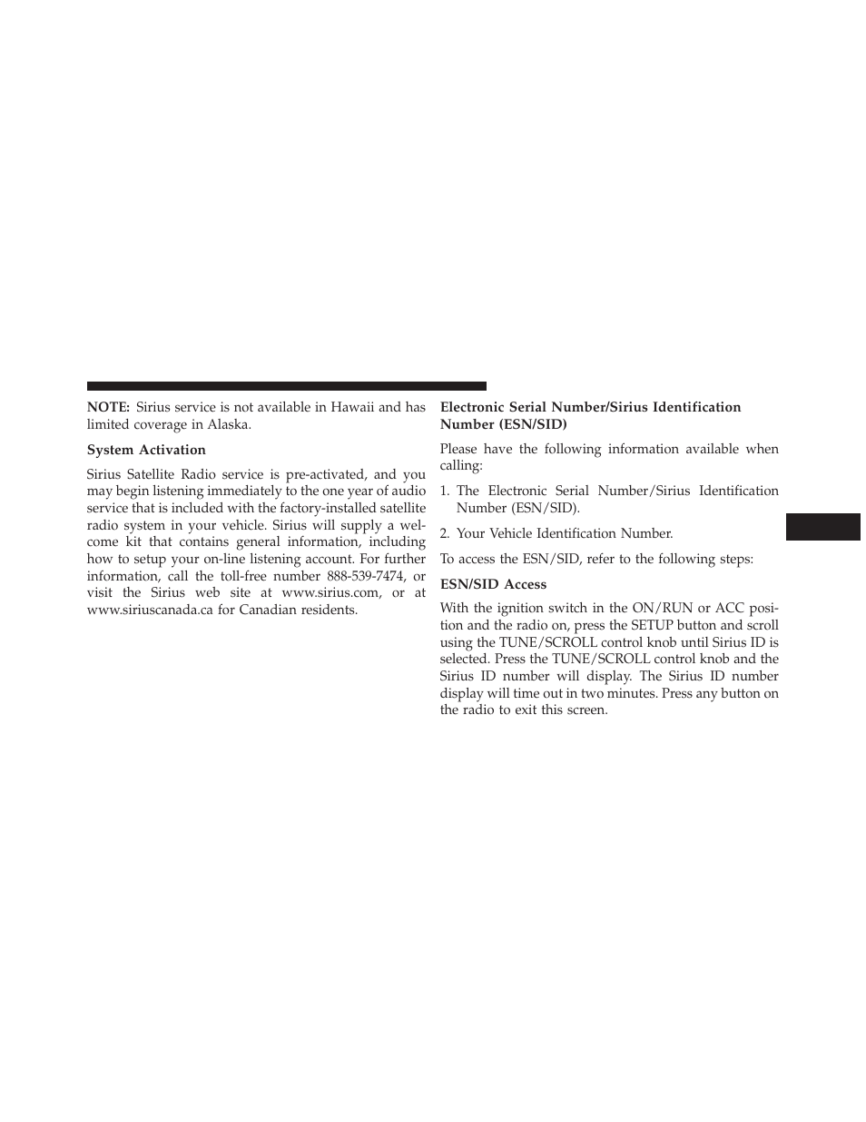 System activation, Esn/sid access | Dodge 2013 Durango User Manual | Page 379 / 697