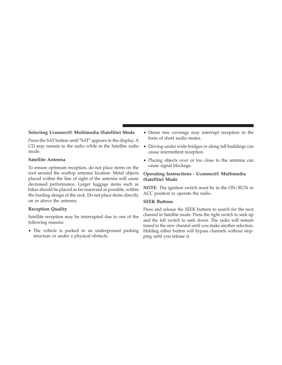 Selecting uconnect® multimedia (satellite) mode, Satellite antenna, Reception quality | Seek buttons | Dodge 2013 Durango User Manual | Page 380 / 697