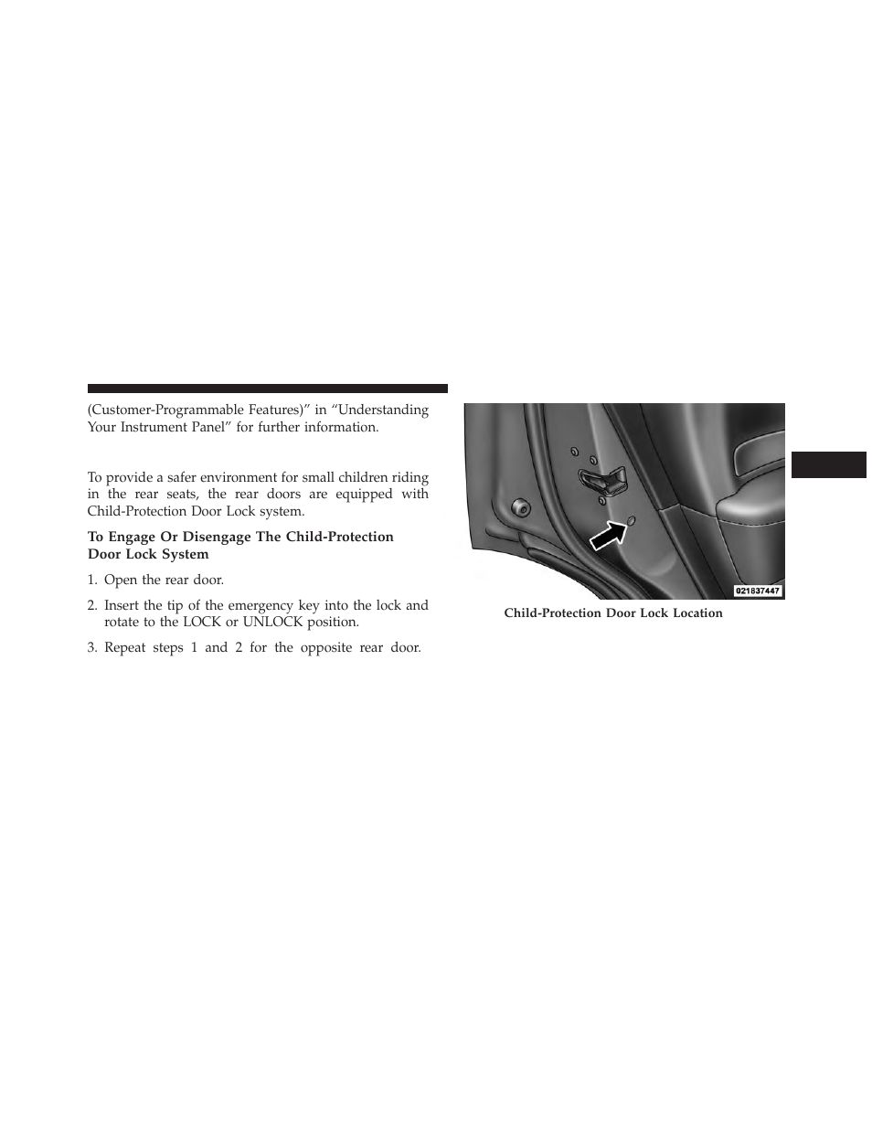 Child-protection door lock system — rear doors, Child-protection door lock system — rear, Doors | Dodge 2013 Durango User Manual | Page 39 / 697