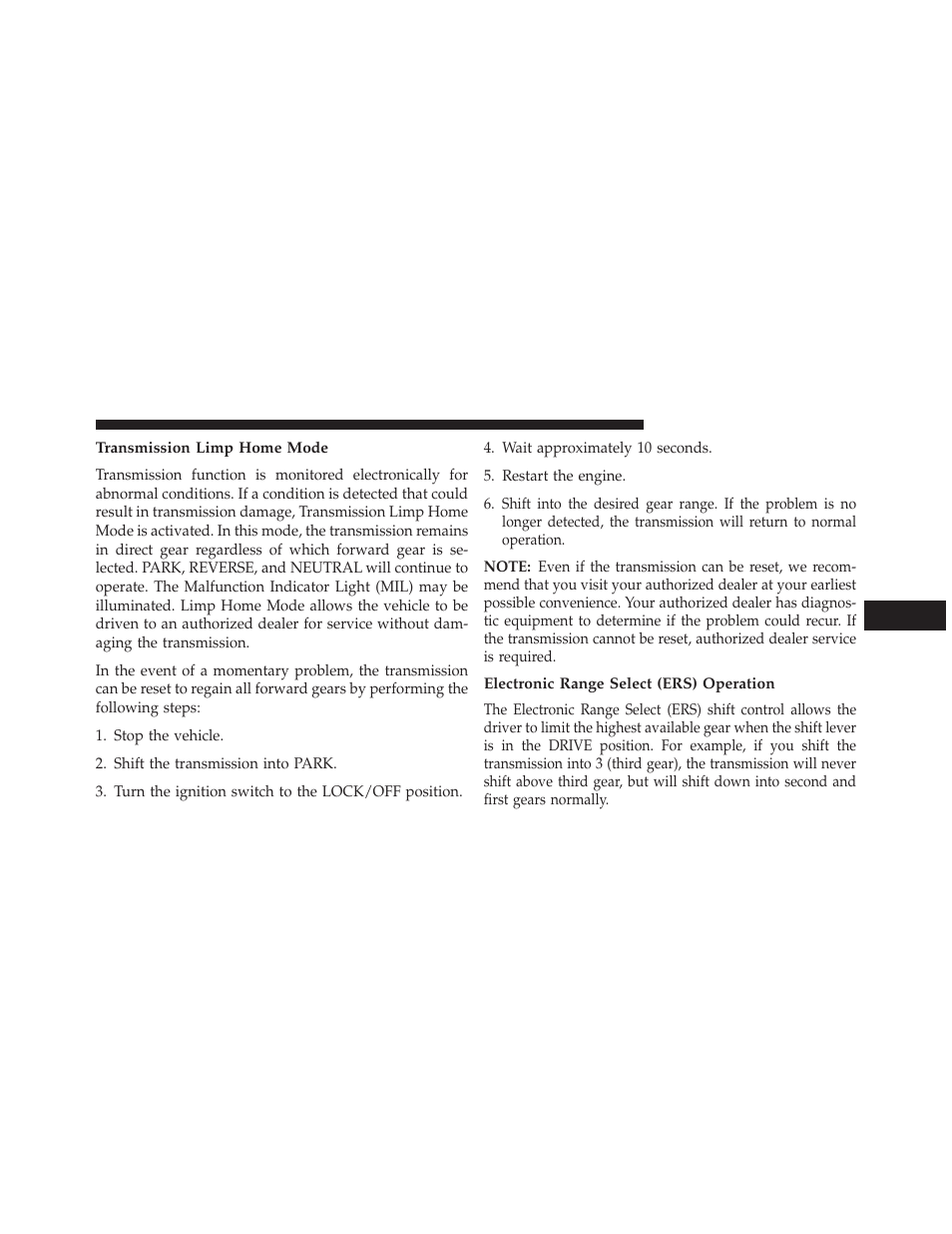 Transmission limp home mode, Electronic range select (ers) operation | Dodge 2013 Durango User Manual | Page 461 / 697