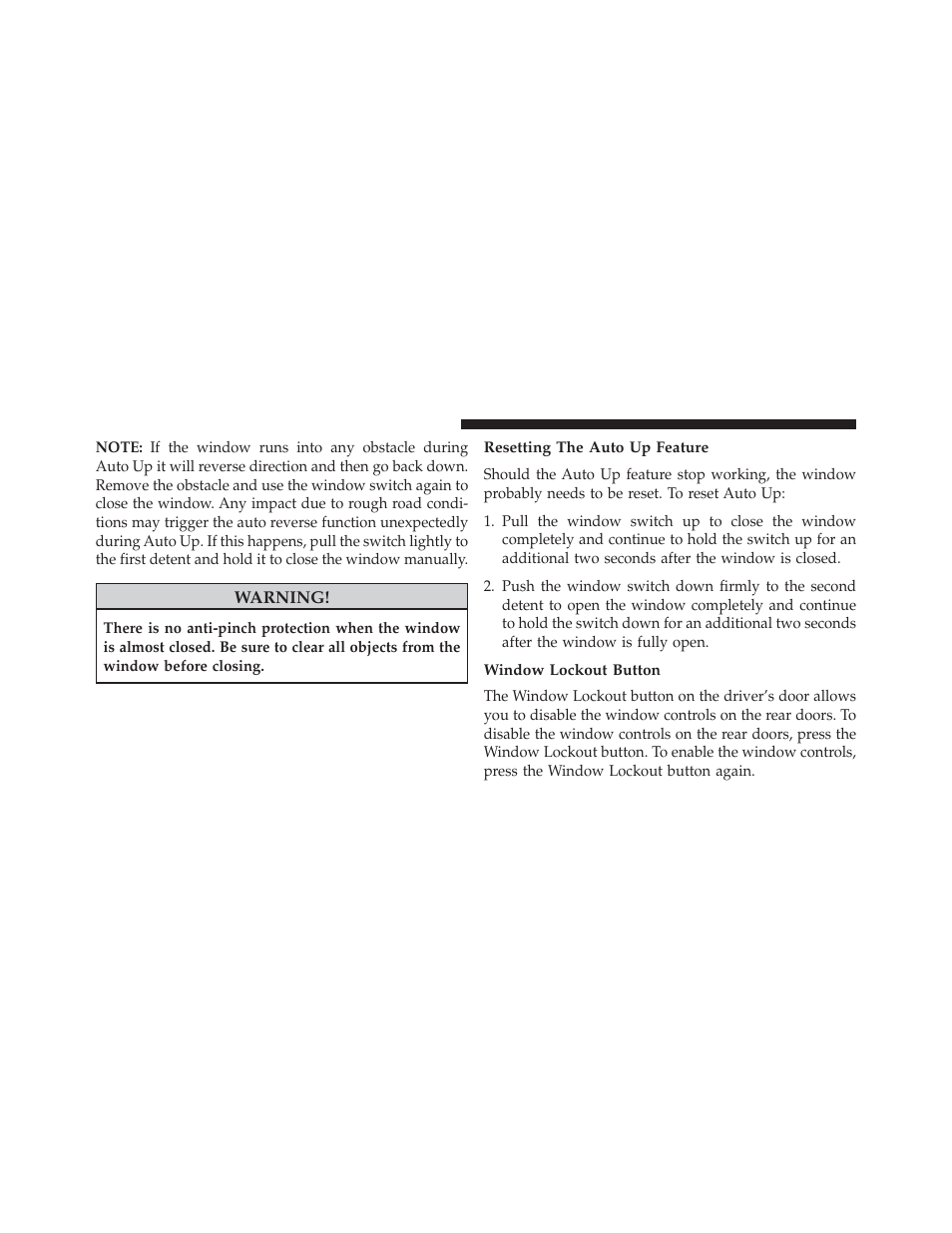 Resetting the auto up feature, Window lockout button | Dodge 2013 Durango User Manual | Page 48 / 697