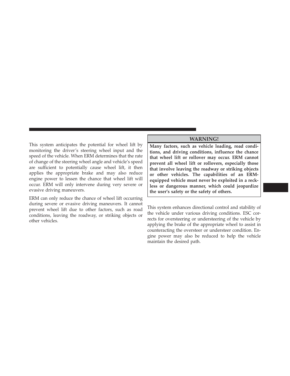 Electronic roll mitigation (erm), Electronic stability control (esc) | Dodge 2013 Durango User Manual | Page 495 / 697