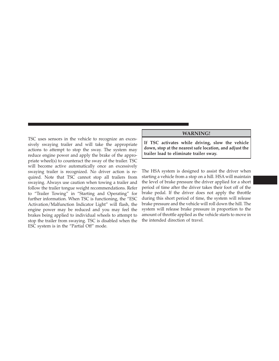 Trailer sway control (tsc), Hill start assist (hsa) | Dodge 2013 Durango User Manual | Page 499 / 697
