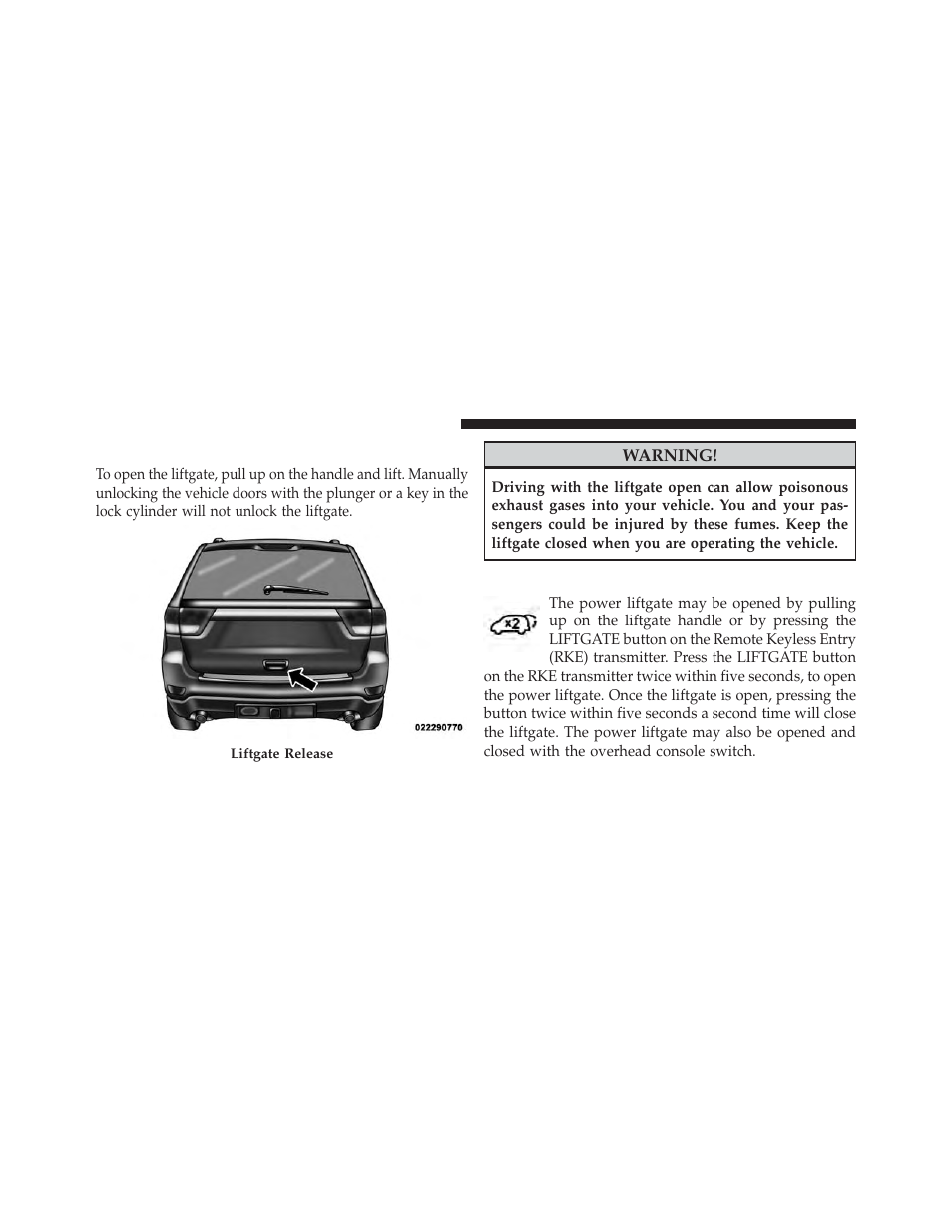 Liftgate, Power liftgate — if equipped | Dodge 2013 Durango User Manual | Page 50 / 697
