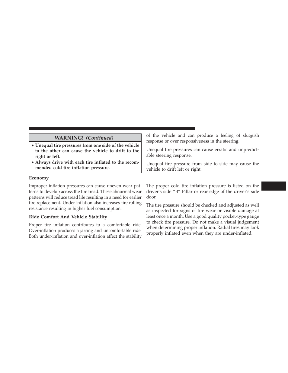 Economy, Ride comfort and vehicle stability, Tire inflation pressures | Dodge 2013 Durango User Manual | Page 515 / 697