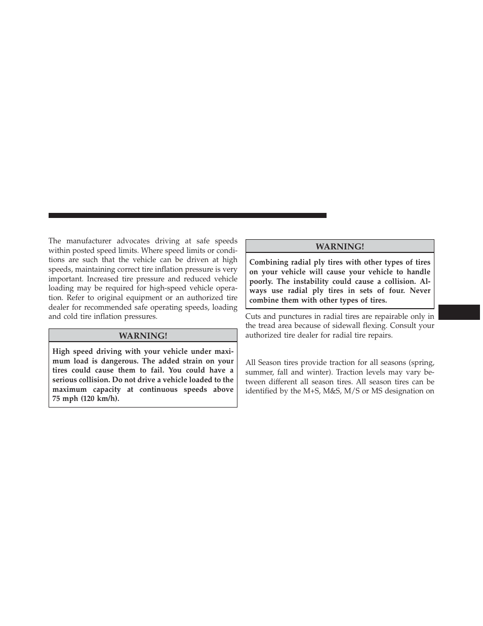 Tire pressures for high speed operation, Radial ply tires, All season tires – if equipped | Dodge 2013 Durango User Manual | Page 517 / 697