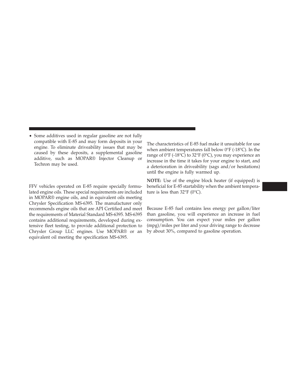 Starting, Cruising range, Selection of engine oil for flexible fuel vehicles | E-85) and gasoline vehicles | Dodge 2013 Durango User Manual | Page 545 / 697