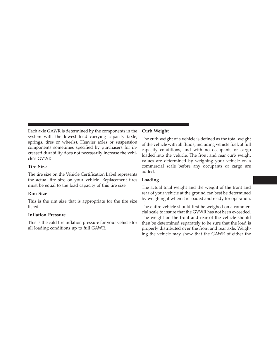 Tire size, Rim size, Inflation pressure | Curb weight, Loading | Dodge 2013 Durango User Manual | Page 551 / 697