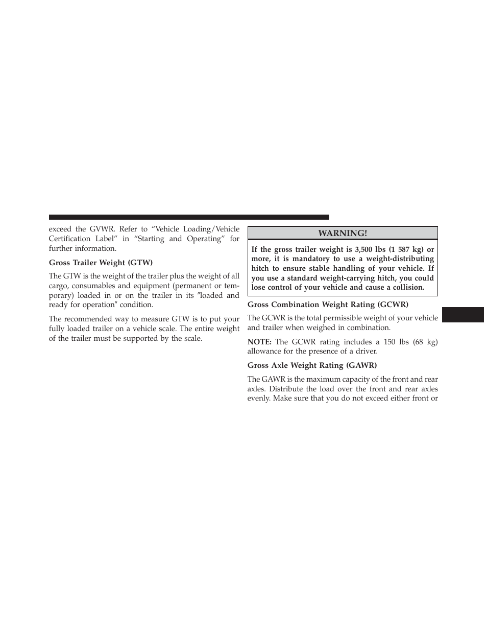 Gross trailer weight (gtw), Gross combination weight rating (gcwr), Gross axle weight rating (gawr) | Dodge 2013 Durango User Manual | Page 553 / 697