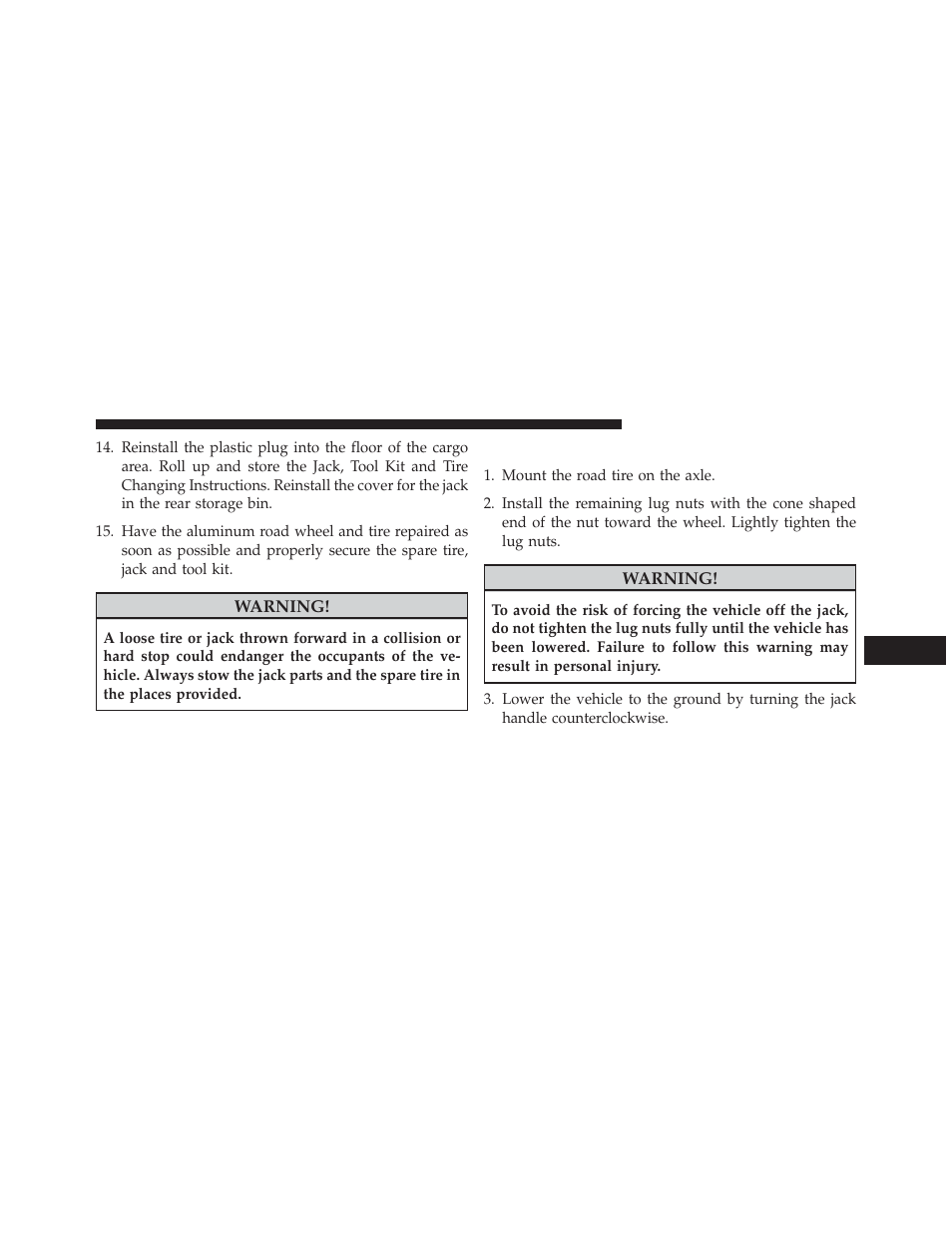 Road tire installation | Dodge 2013 Durango User Manual | Page 593 / 697