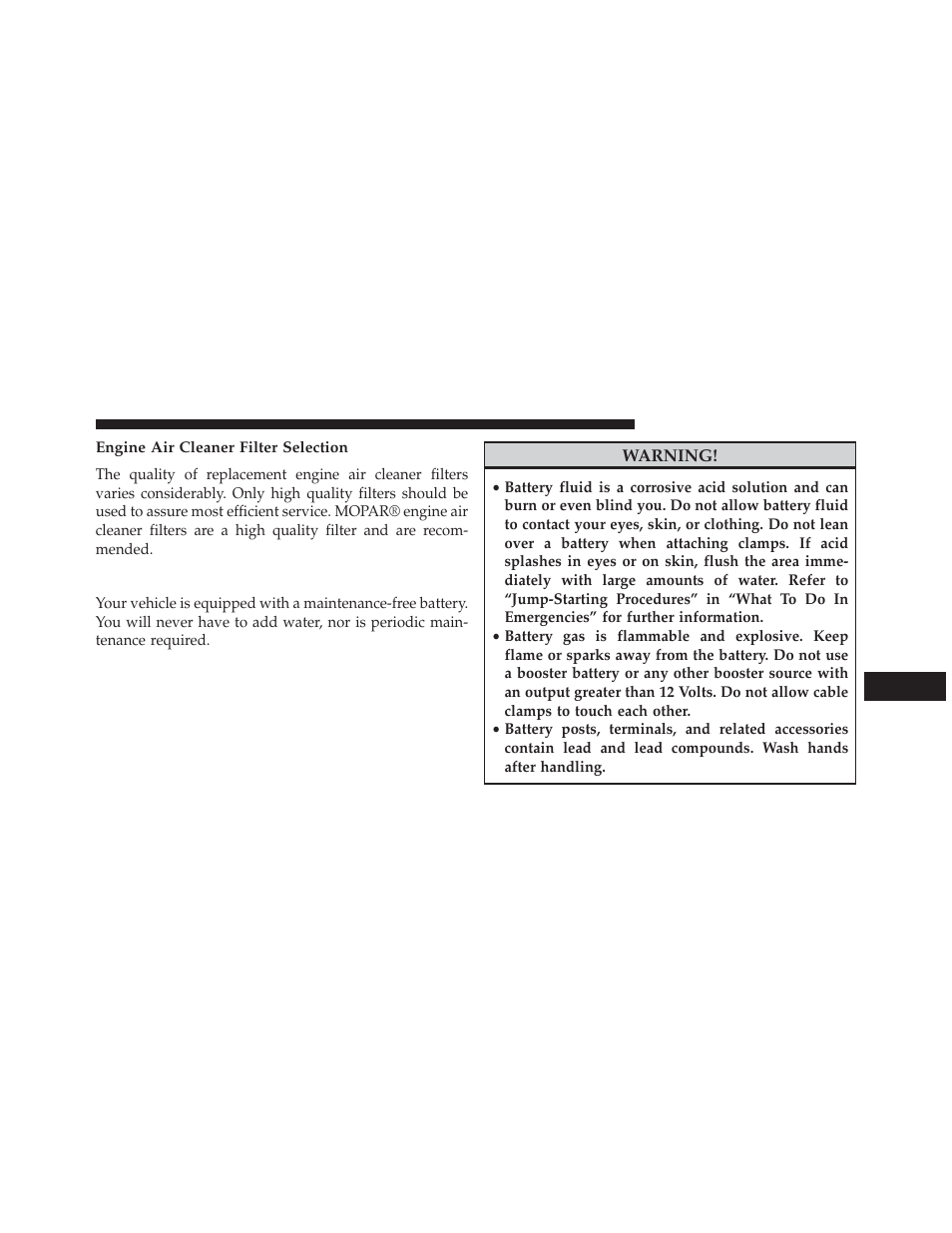 Engine air cleaner filter selection, Maintenance-free battery | Dodge 2013 Durango User Manual | Page 617 / 697