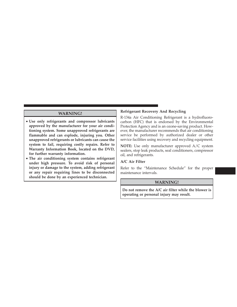 Refrigerant recovery and recycling, A/c air filter | Dodge 2013 Durango User Manual | Page 619 / 697