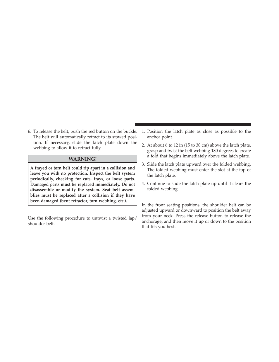 Lap/shoulder belt untwisting procedure, Adjustable upper shoulder belt anchorage | Dodge 2013 Durango User Manual | Page 62 / 697