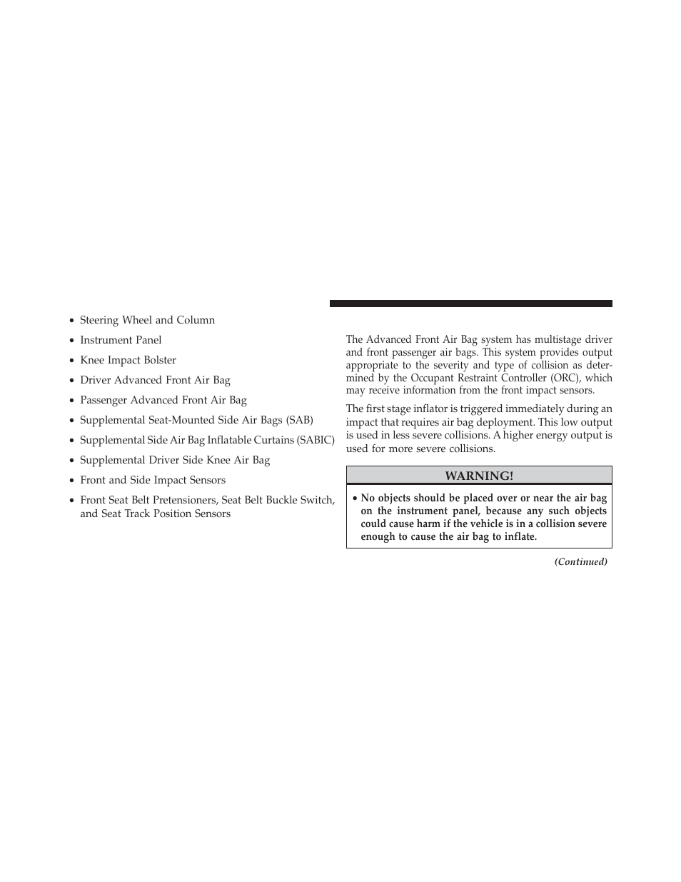 Advanced front air bag features | Dodge 2013 Durango User Manual | Page 74 / 697