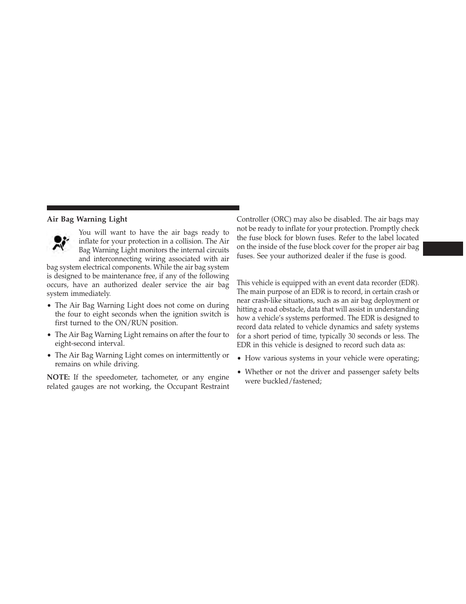 Air bag warning light, Event data recorder (edr) | Dodge 2013 Durango User Manual | Page 85 / 697