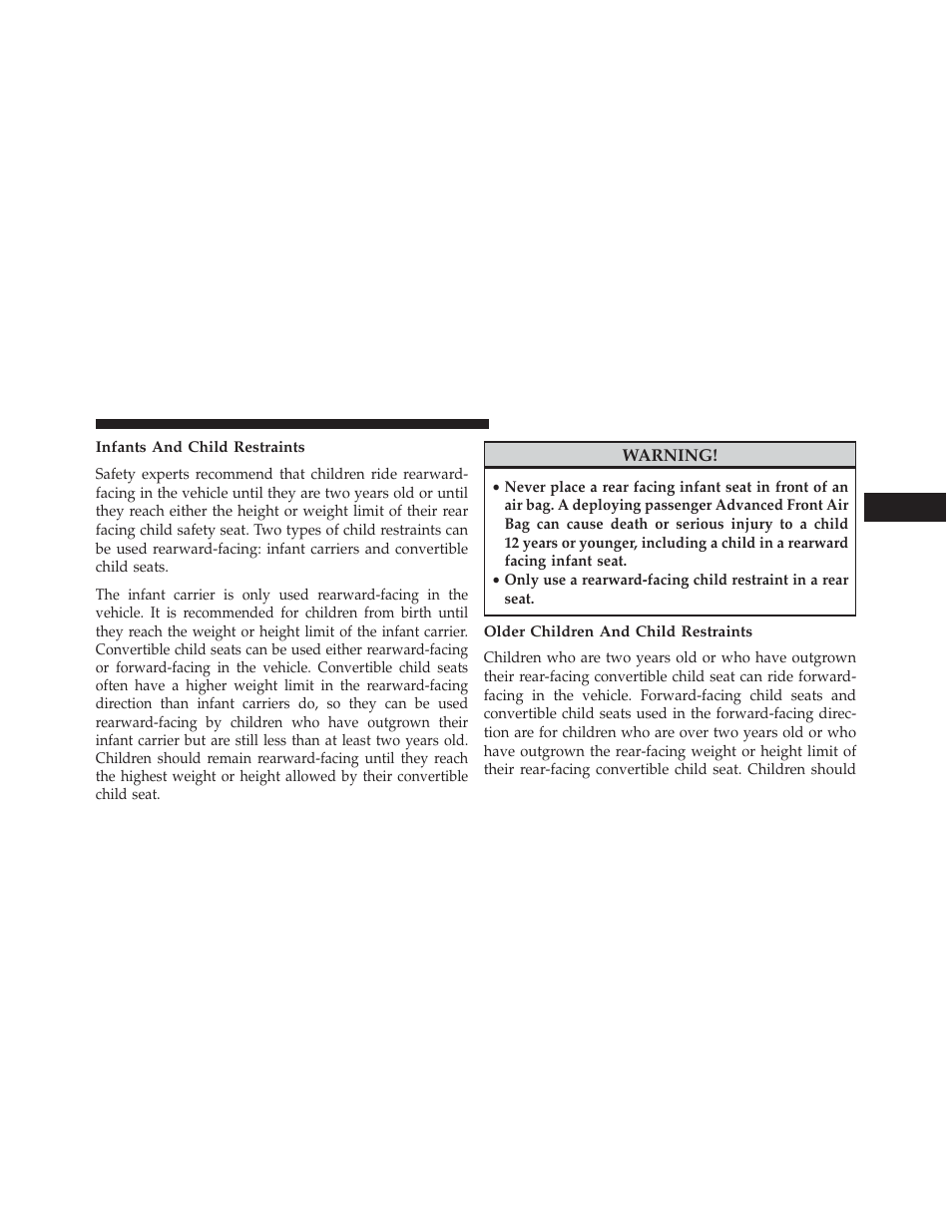 Infants and child restraints, Older children and child restraints | Dodge 2013 Durango User Manual | Page 89 / 697