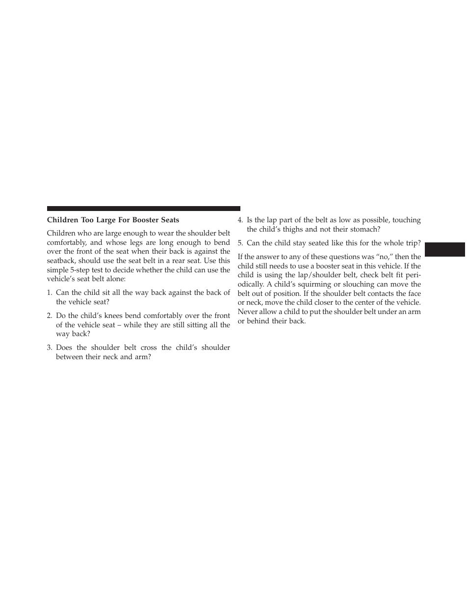 Children too large for booster seats | Dodge 2013 Durango User Manual | Page 91 / 697