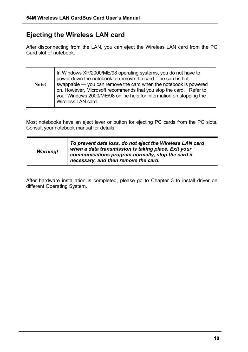 Ejecting the wireless lan card | Boca Research Wireless LAN CardBus Card 54M User Manual | Page 10 / 40