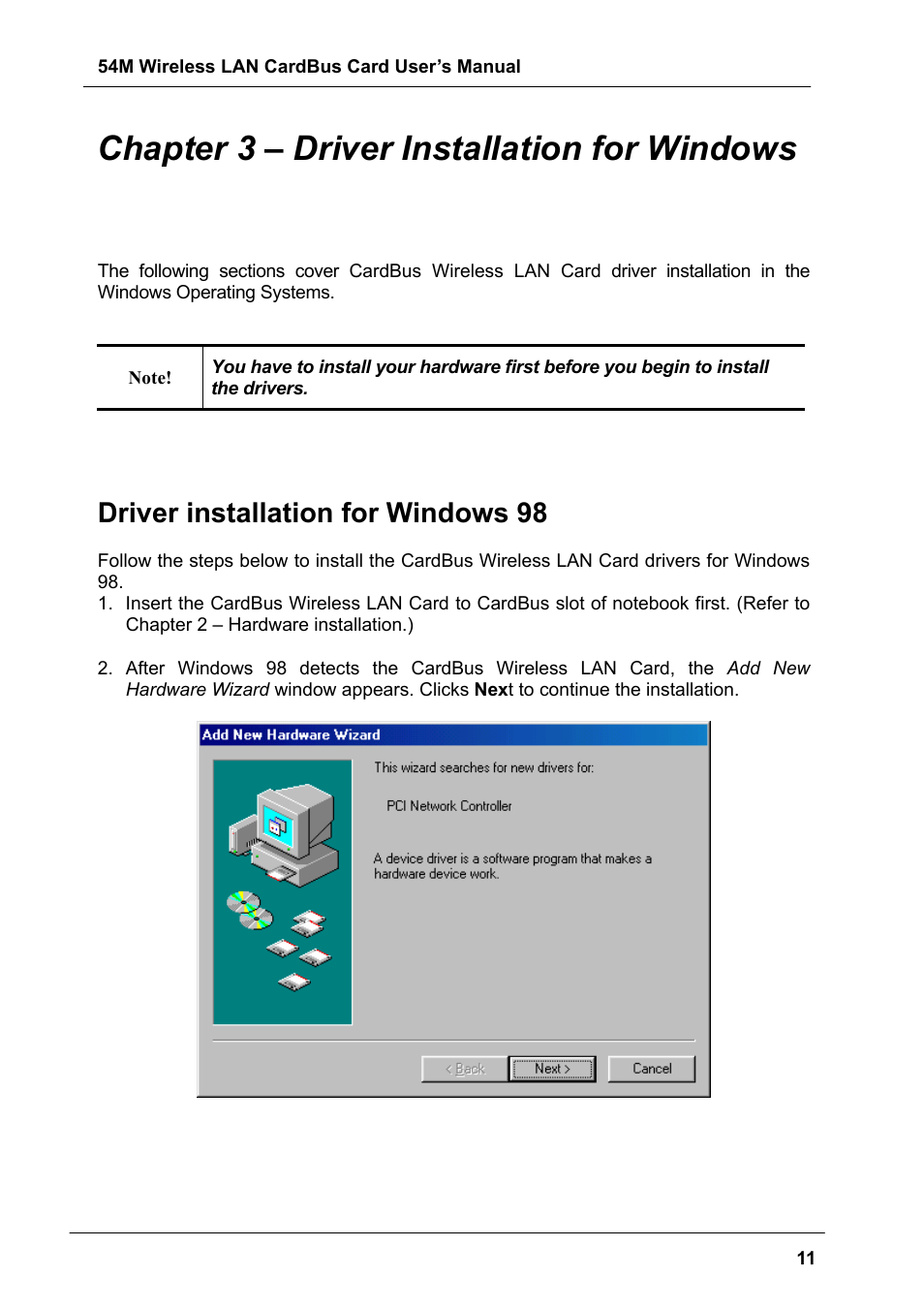 Chapter 3 – driver installation for windows, Driver installation for windows 98 | Boca Research Wireless LAN CardBus Card 54M User Manual | Page 11 / 40
