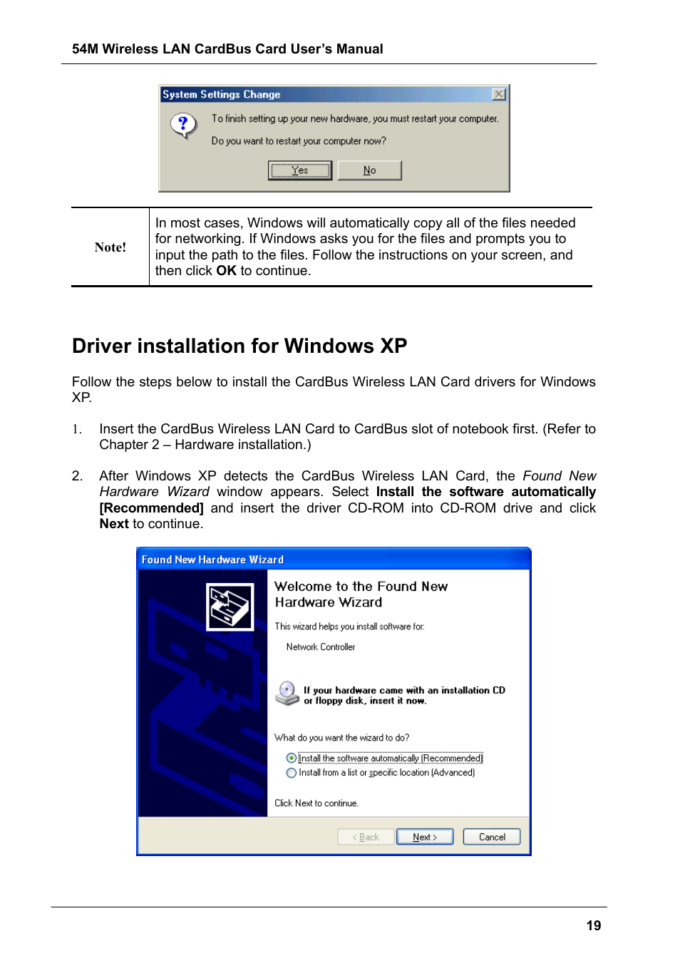 Driver installation for windows xp | Boca Research Wireless LAN CardBus Card 54M User Manual | Page 19 / 40