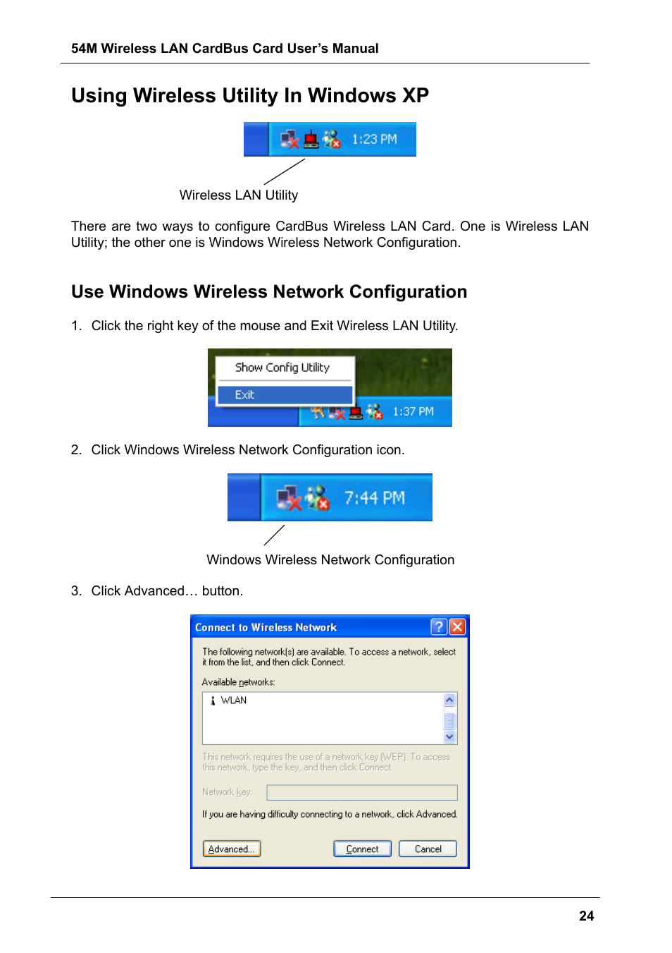 Using wireless utility in windows xp, Use windows wireless network configuration | Boca Research Wireless LAN CardBus Card 54M User Manual | Page 24 / 40