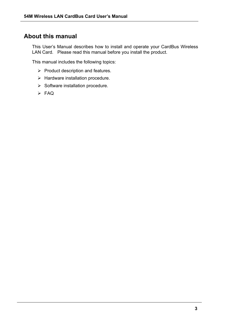 About this manual | Boca Research Wireless LAN CardBus Card 54M User Manual | Page 3 / 40