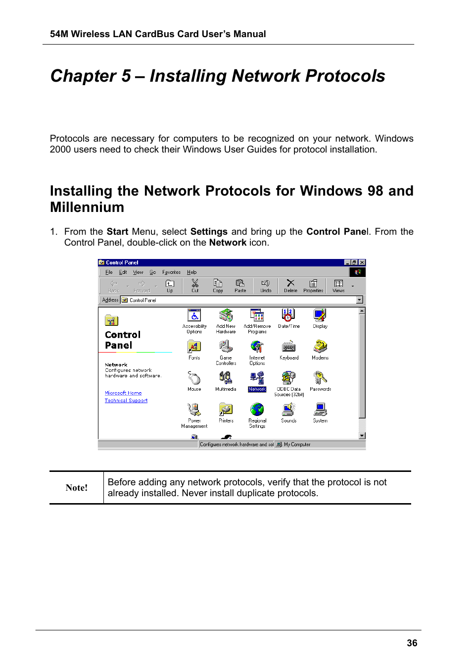 Chapter 5 – installing network protocols | Boca Research Wireless LAN CardBus Card 54M User Manual | Page 36 / 40