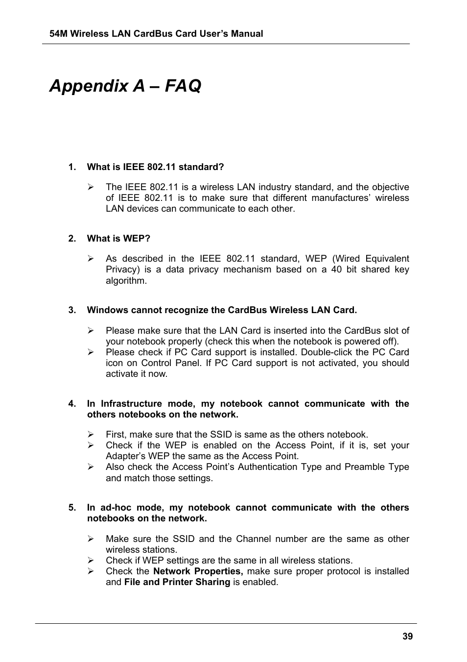 Appendix a – faq | Boca Research Wireless LAN CardBus Card 54M User Manual | Page 39 / 40