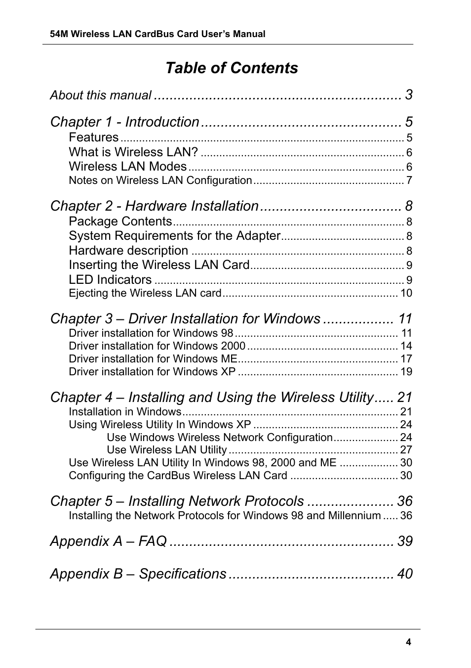 Boca Research Wireless LAN CardBus Card 54M User Manual | Page 4 / 40