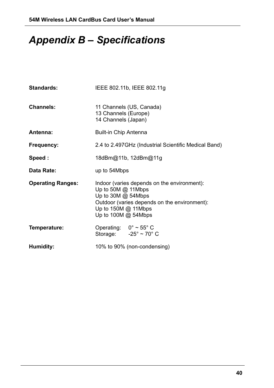 Appendix b – specifications | Boca Research Wireless LAN CardBus Card 54M User Manual | Page 40 / 40