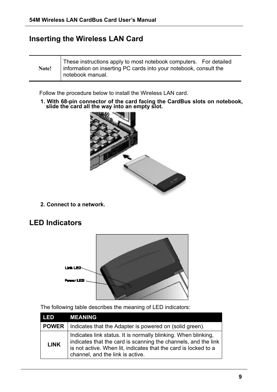 Inserting the wireless lan card, Led indicators | Boca Research Wireless LAN CardBus Card 54M User Manual | Page 9 / 40