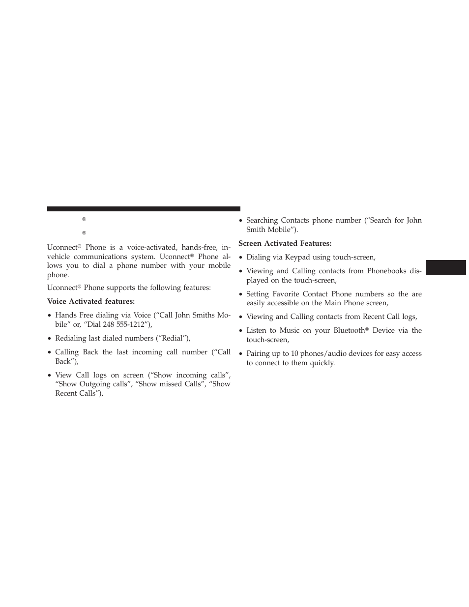 Uconnect (4.3), Uconnect 4.3, Voice activated features | Screen activated features, Uconnect௡ (4.3), Uconnect௡ 4.3 | Dodge 2013 Charger SRT8 User Manual | Page 127 / 587