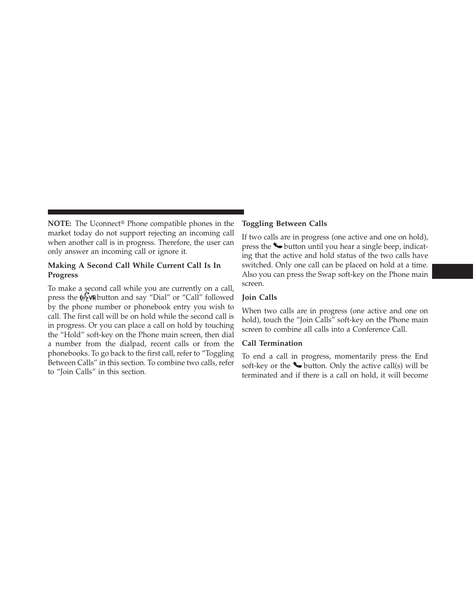 Toggling between calls, Join calls, Call termination | Dodge 2013 Charger SRT8 User Manual | Page 139 / 587