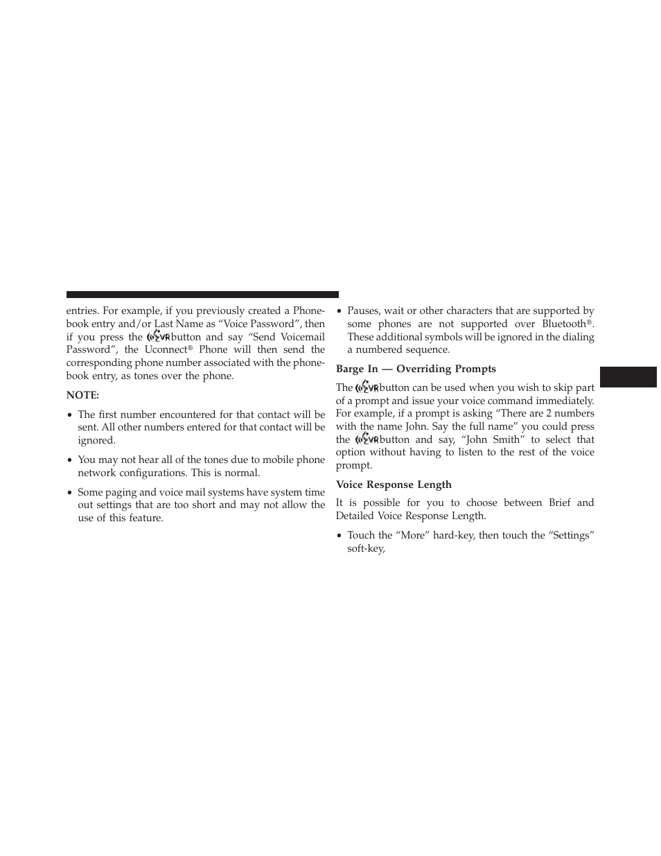 Barge in — overriding prompts, Voice response length | Dodge 2013 Charger SRT8 User Manual | Page 143 / 587